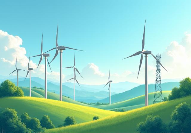 Turbine eoliche che generano energia pulita, integrate in un paesaggio con tralicci di comunicazione sullo sfondo, simboleggiando la sostenibilità tecnologica