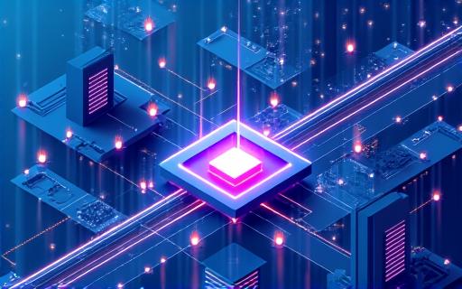 Diagramma astratto di una rete IoT in una smart city, con sensori e dispositivi connessi su uno sfondo blu futuristico