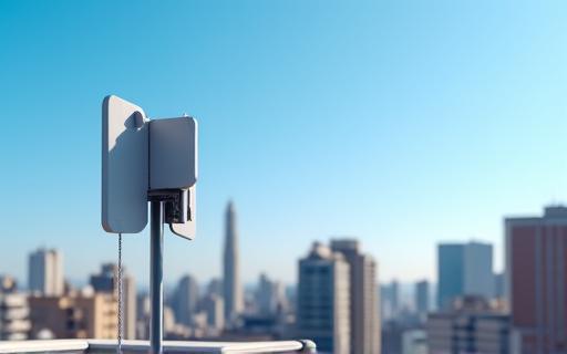 Antenna di trasmissione 5G moderna su un tetto, con sfondo urbano e cielo azzurro