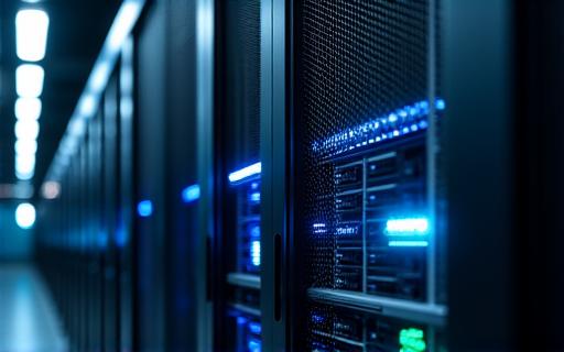 Server rack illuminato in un data center aziendale sicuro e all'avanguardia